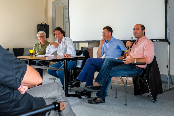 A la tribune du  débat Transition Energétique Jeann-Pierre Forster (Enercoop), Christophe Vavard (député EELV du Gard), Grégoru Lamotte (ComWatt), Jean -Louis Roumégas (Député EELV de l'Hérault)